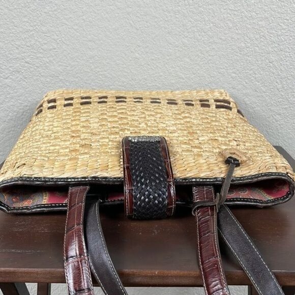 Brighton Straw Raffia Woven Handbag Brown Croc Double Strap Tote Shopper Tan - Picture 9 of 16